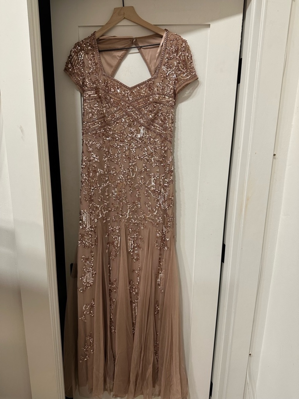 Adrianna Papell Rose Gold Sequin Embellished Evening Gown